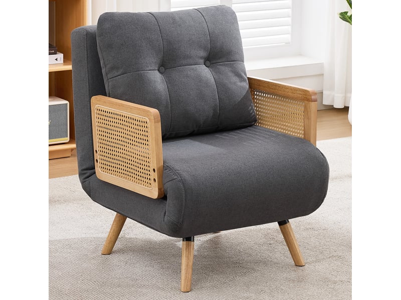  Fauteuil convertible 3 en 1 67x73x86 cm, dossier réglable 5 positions, lit d'appoint, accoudoirs rotin, bois, lin gris  - Conforama D