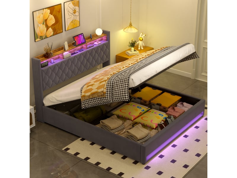 Lit coffre 180x200cm lit 2 place avec led prise, usb, rangement, tête de lit, velours hollandais, gris, sans matelas  - Conforama W