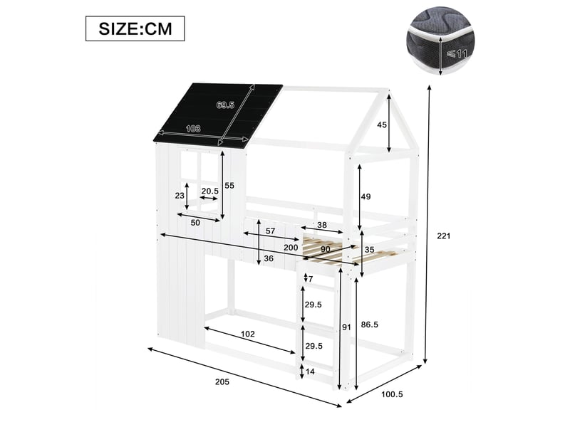  Lit enfant mezzanine rangement 90x200 bois blanc noir escalier sécurisé maison homvra  - Conforama E