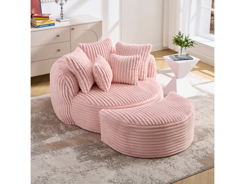 Canapé droit à assise ronde, canapé-lit sans pieds, repose-pieds, tissu doux cordé, 168×123×63 cm, rose - Conforama D