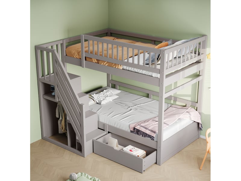 Lit superposé 90x200 cm avec rangement en bois gris - Conforama B