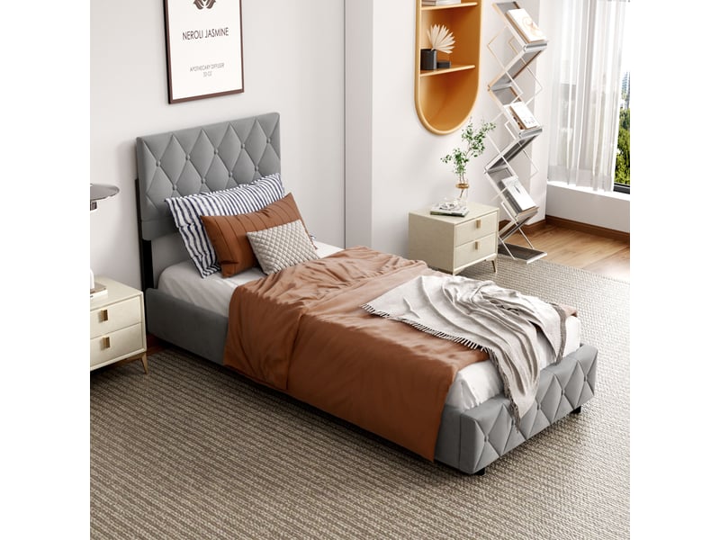  Lit coffre 90 x 190 cm en similicuir, lit simple rembourré avec rangement intégré, sans matelas, gris  - Conforama B