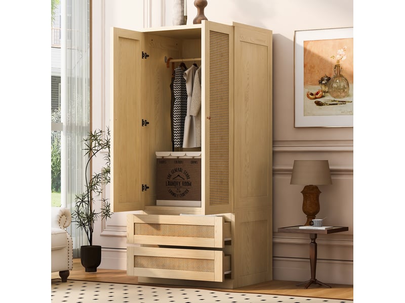  Armoire 2 portes 70 x 55 x 170 cm avec 2 tiroirs et panneaux effet rotin, bois clair  - Conforama D