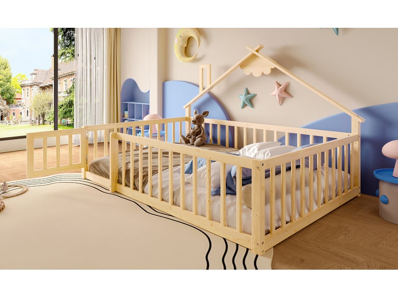  Lit cabane 140x190 cm, cabane, barrière avec serrure, en bois, naturel, sans matelas  - Conforama D