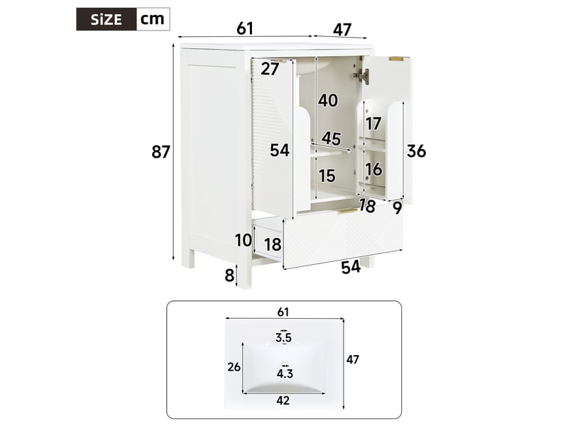 Meublede salle de bain 61 cm avec vasque céramique,61 x 47 x 87 cm,blanc,panneau mdf,porte double et tiroir à fermeture amortie - Conforama C