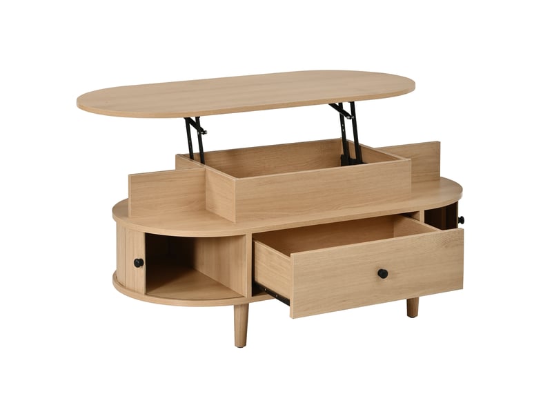 Table basse ovale 105 x 50 cm naturelle en mdf, plateau relevable hydraulique et rangements intégrés - Conforama D