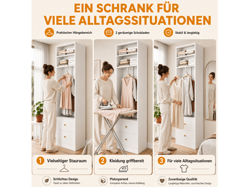  Armoire avec 2 tiroirs, 2 étagères et penderie, en mdf et acier, blanche, pour chambre, 50 × 30 × 200 cm  - Conforama E