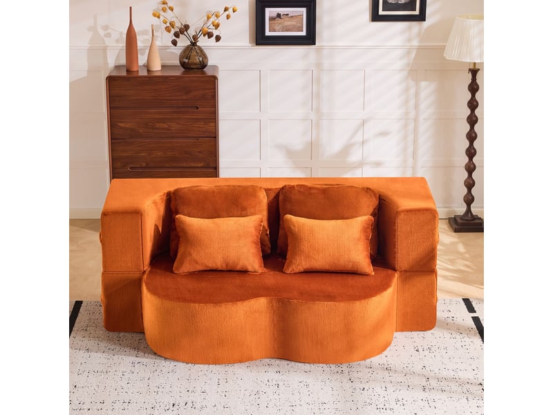  Canapé style moderne couleur orange 4 coussins décoratifs revêtement en flanelle matelas pliant en mousse haute densité confortable  - Conforama E