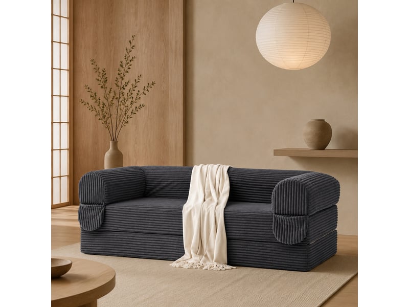  Canapé convertible 2 places en lit double  - accoudoirs rembourrés, tissu côtelé gris  - Conforama C