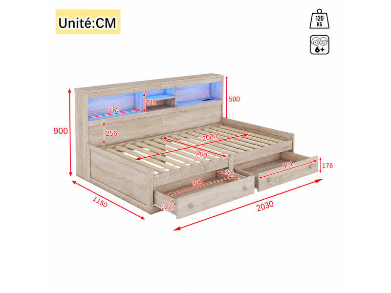 Lit banquette 90x200 cm - lit enfant multifonction avec ports usb et lumière led intégrée - structure mdf robuste - sans matelas - couleur naturel - Conforama C