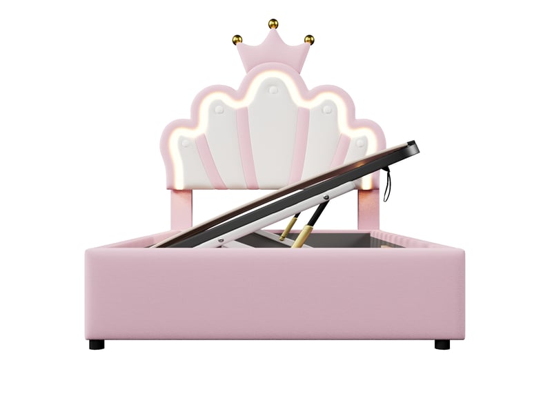  Lit coffre 90x200 cm, lit enfant avec éclairage led, tête de lit réglable forme couronne, en pu, rose, sans matelas  - Conforama A