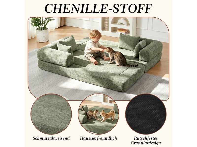  Canapé-lit convertible 2 places,200x95x68cm,canapé modulable 4 en 1 en tissu chenille,dossier réglable,4 coussins inclus,aucun montage requis,vert  - Conforama E