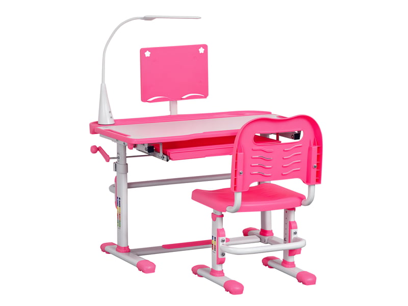  Bureau enfant pour les 6-12 ans avec chaise réglable en hauteur, tiroir, lampe et plateau inclinable, rose  - Conforama A