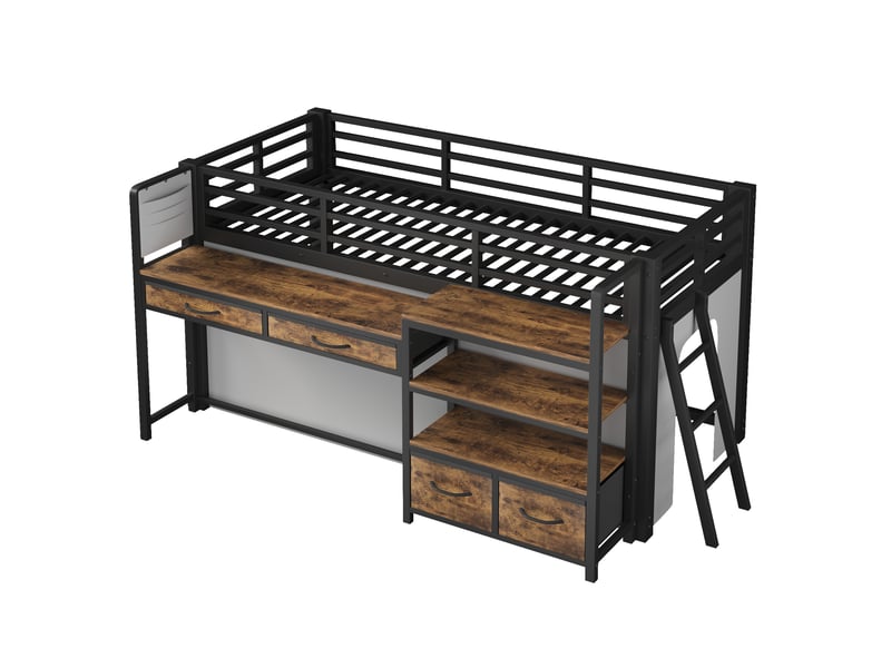  Lit mezzanine 90 × 200 cm, métal, bureau, étagères, tiroirs tissu, rideau, espace jeux sous le lit, éclairage led, noir  - Conforama A