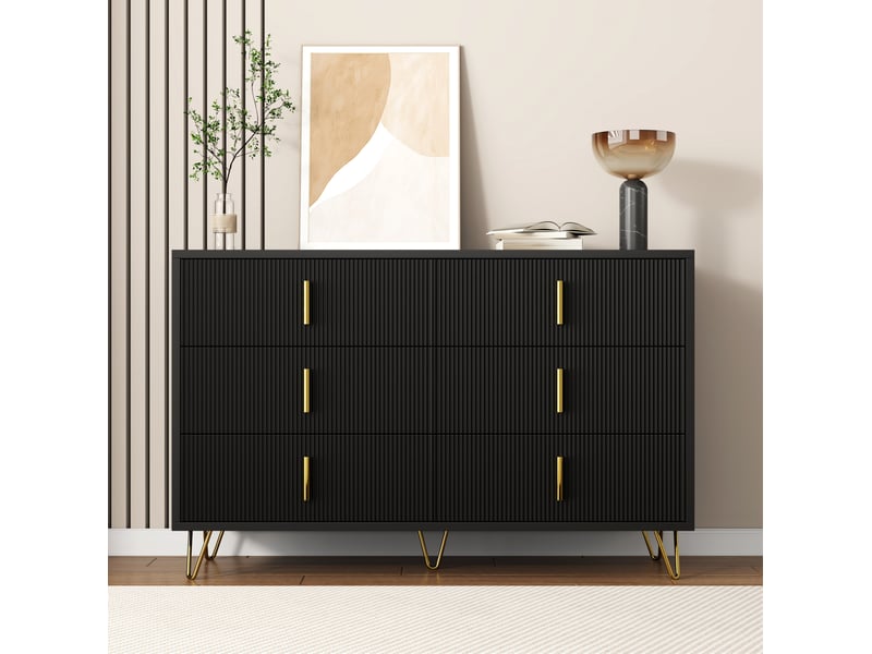  Commode bas 120x77x40 cm 6 tiroirs design moderne surface ondulée poignées pieds dorés panneau particules noir et doré  - Conforama D