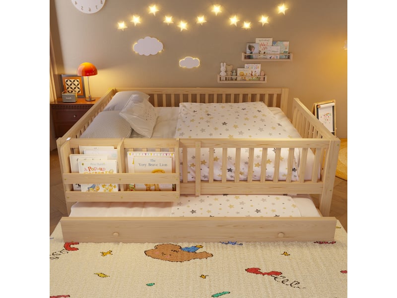 Lit gigogne 140×200 cm, 2 places - barrière de sécurité, couchage d’appoint coulissant et étagère - sans matelas - bois - Conforama B