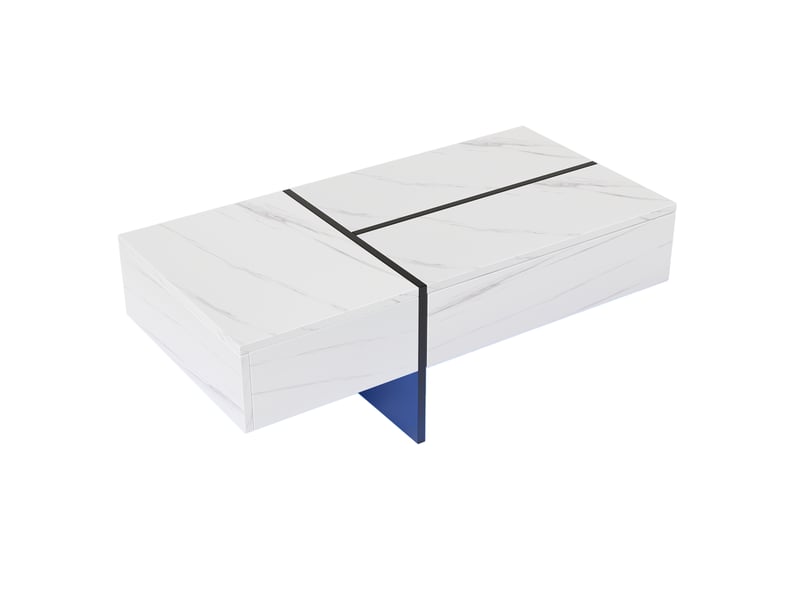  Table basse laquée brillante, structure effet marbre blanc et plateau noir assorti, meuble de salon, 100 x 50 x 34,5 cm, avec système d'éclairage led contrôlé par application.  - Conforama D