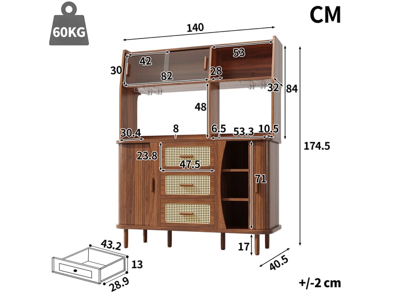  Buffet de cuisine avec 3 tiroirs, portes coulissantes en verre et niches, pour salle à manger, 140 × 40,5 × 174,5 cm  - Conforama D
