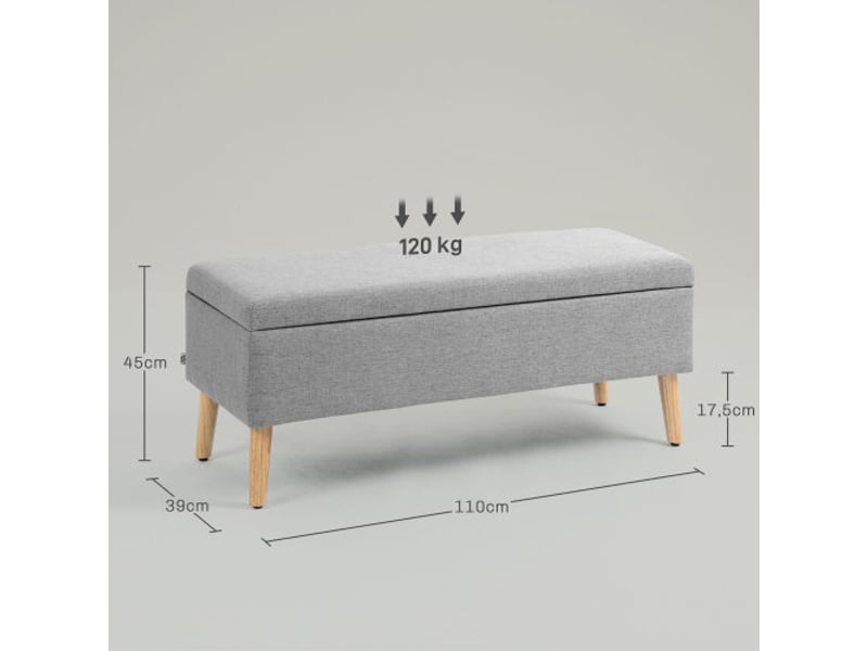  Banc coffre gris 110x39x45 cm, rembourré, aspect lin, bois d’hévéa, pour salon et chambre  - Conforama C