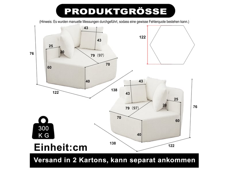  Fauteuils modulables, hexagonaux souples lot de 2, assise de 2 places, tissu chenille, design moderne, coloris beige  - Conforama C