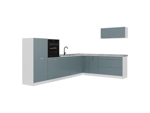 Vicco cuisine en angle, bleu-grisblanc, 327 x cm plan de travail marbre