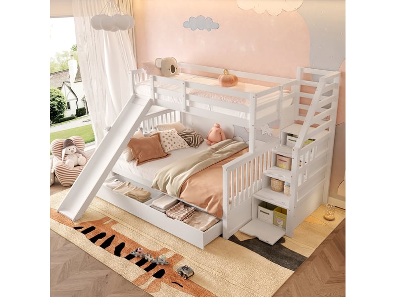 Lit superposé enfant 90x200 et 140x200 cm blanc avec toboggan et rangements - Conforama B