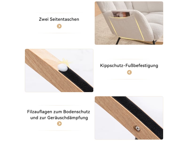 Fauteuil à bascule mid-century en tissu teddy capitonné, démontable, blanc - Conforama D