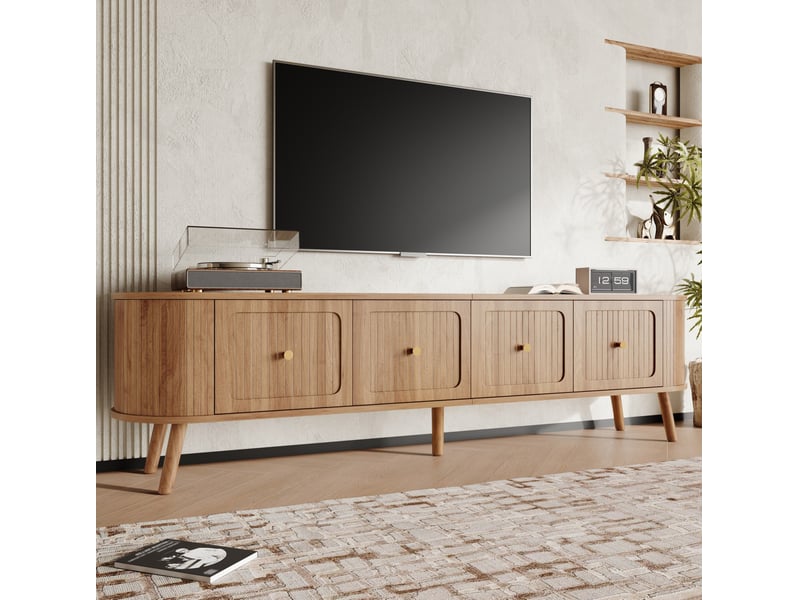  Meuble tv 180x38x47 cm, chêne, design vintage et moderne, pieds en bois, corps en aggloméré, coins arrondis, meuble de salon, 4 portes  - Conforama D