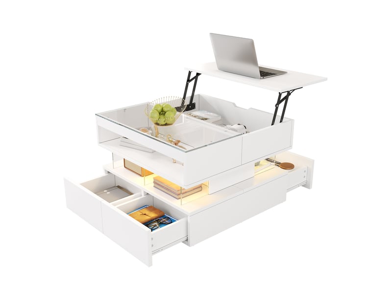  Table basse relevable rectangulaire blanc - 67x70 cm led panneau de particules table basse blanc - Conforama A