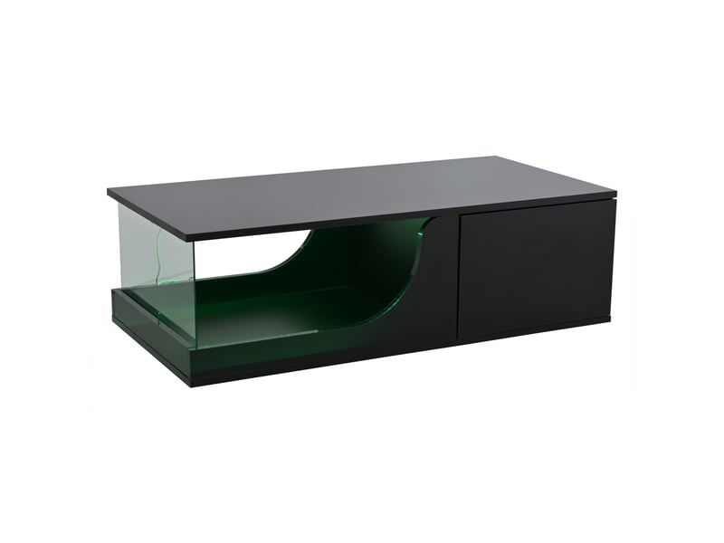  Table basse 100 x 50 x 30 cm, table d'appoint avec 2 tiroirs, table de salon laquée brillante, table basse en mdf avec éclairage led, table robuste en verre trempé, table design noire  - Conforama E