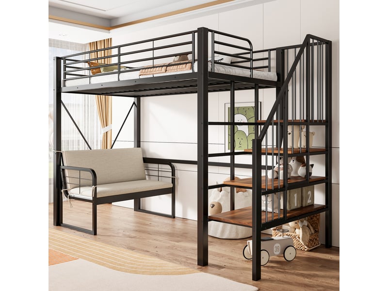  Lit superposé 90 x 200 cm noir, cadre métallique stable, canapé amovible, rangement et échelle.  - Conforama E