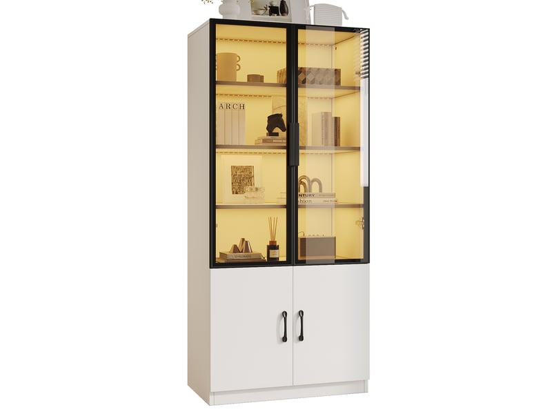 Vitrine 60x40x160 cm en verre fumé esg et panneau de particules, cadre aluminium, led multicolore via app, 2 portes fermées - blanc - Conforama A