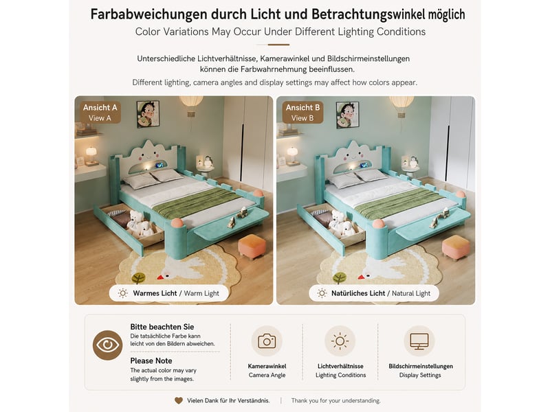  Lit enfant 1 place 140×200 cm avec tiroir, lampe led, usb et tablette pliante - okmyhome- bleu vert, sans matelas  - Conforama E