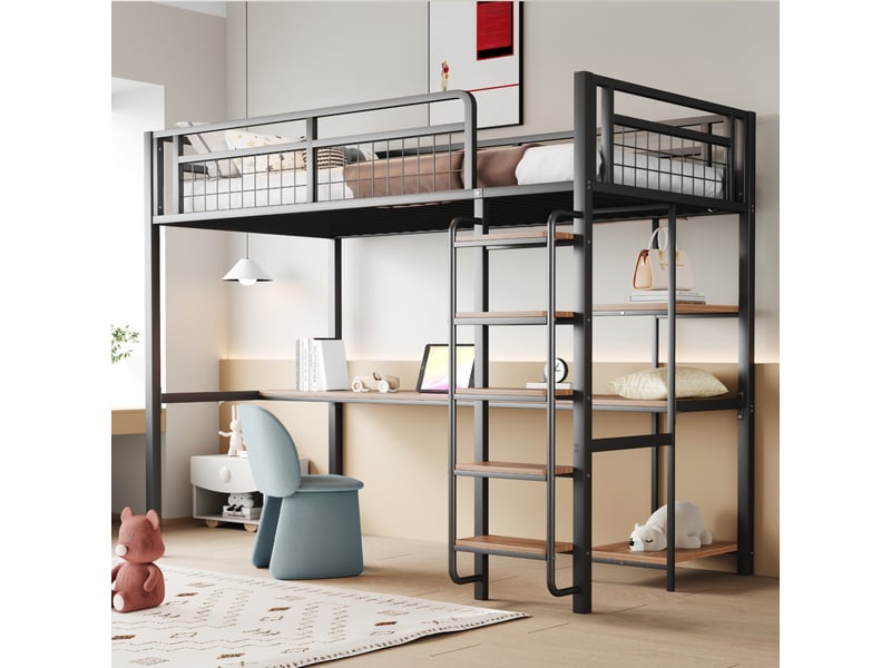 Lit mezzanine enfant 90x200 cm avec table, étagère, garde-corps, escalier, sommier, métal noir, sans matelas - Conforama W