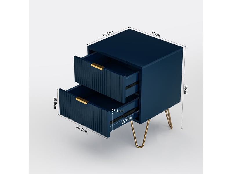  Lot de 2 table de chevet,table de nuit avec 2 tiroirs, manches et pieds en couleur doré,moderne, 40 x 35,5 x 50 cm, bleu  - Conforama C