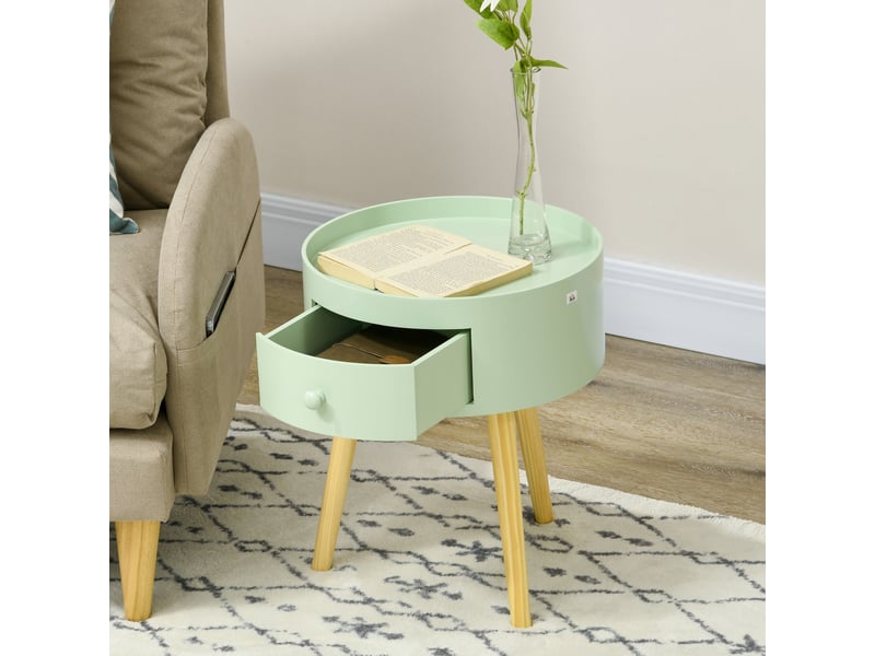  Table basse table de chevet table de nuit ronde design scandinave bout de canapé avec tiroir pieds effilés inclinés  - Conforama R