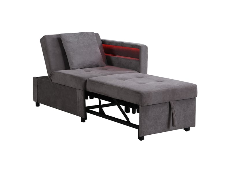  Fauteuil gigogne 177x68x65 cm, design 3-en-1 transformable, dossier ajustable, led, charge, accoudoirs, lin, gris foncé  - Conforama A