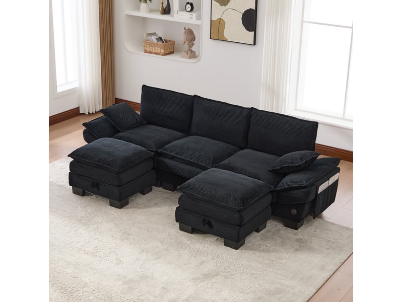  Canapé droit modulaire 3 places en velours côtelé noir avec 2 poufs de rangement, usb-c et poches latérales  - Conforama B