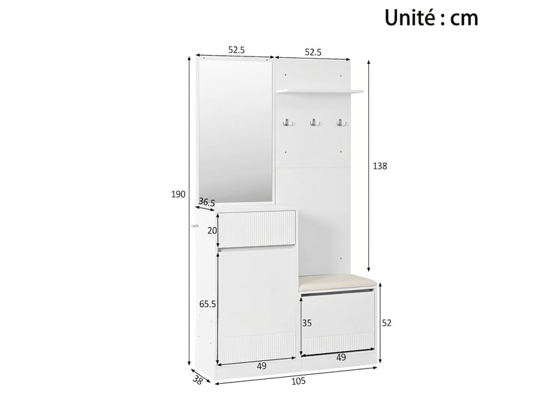  Vestiaire d'entrée avec miroir et banc led 105cm blanc  - Conforama E