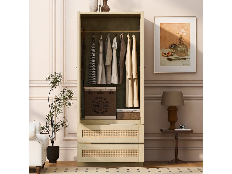 Armoire de chambre 70x55x170 cm à double porte effet rotin synthétique, avec tiroirs et compartiments de rangement, bois, naturel Sol Morn - Conforama D
