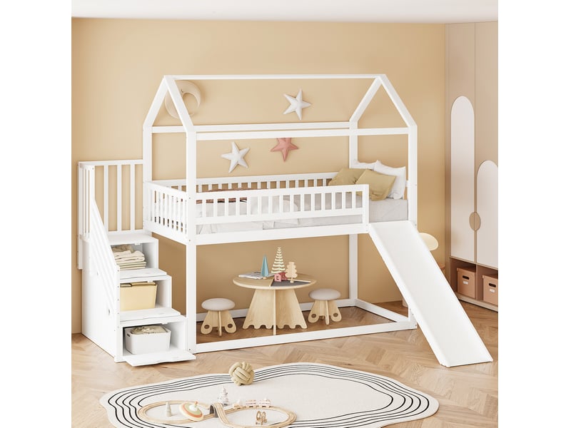 Modenvie lit mezzanine enfant 90x200 cm - avec toboggan, échelle de rangement - sommier inclus - blanc  - Conforama B