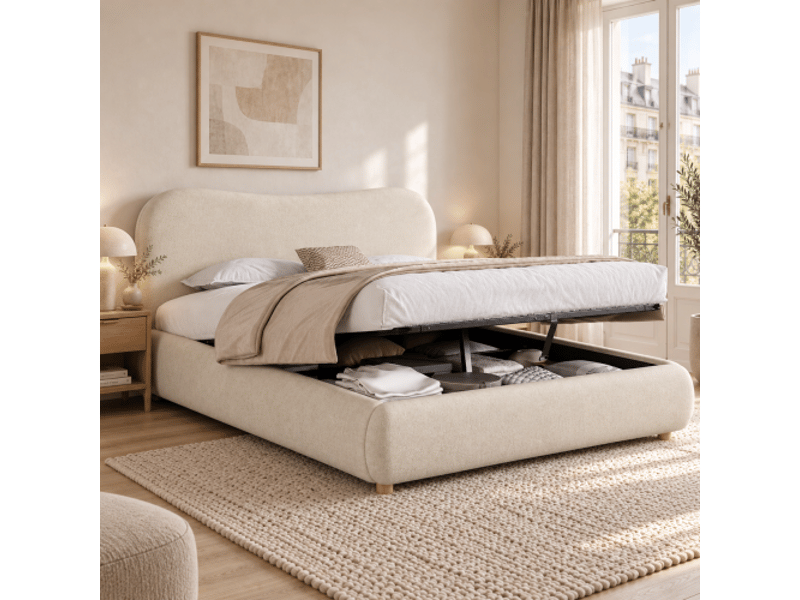  Lit avec rangement 160 × 200 cm, chenille, coffre hydraulique, tête rembourrée, sommier à lattes, pieds en bois, beige  - Conforama D