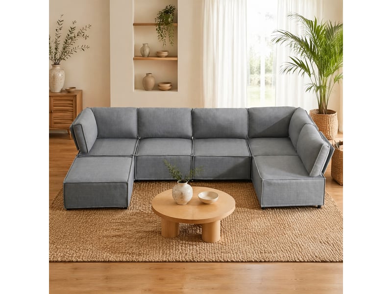 Canapé d’angle modulable 6 places en lin gris clair convertible en lit  - Conforama B
