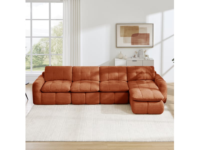 Canapé modulable 4 places modenvie en l avec 1 pouf, revêtement chenille, assises larges et profondes, 334 x 160 x 68 cm, orange - Conforama D