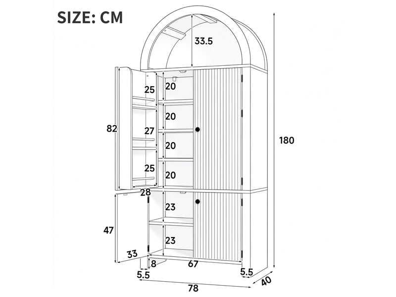 Buffet haut 78x40x180 cm avec portes à lattes et design en arche, vaisselier avec tiroirs et rangements de porte pour cuisine et séjour, bois naturel Seren Glow - Conforama C