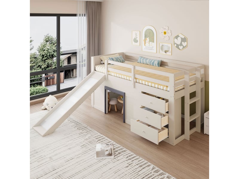 Lit mi-hauteur enfant 90x200 cm avec toboggan, 3 tiroirs et 2 portes, lit mezzanine bas avec sommier à lattes en bois massif et mdf, crème OPULERANE TRADING LTD - Conforama D