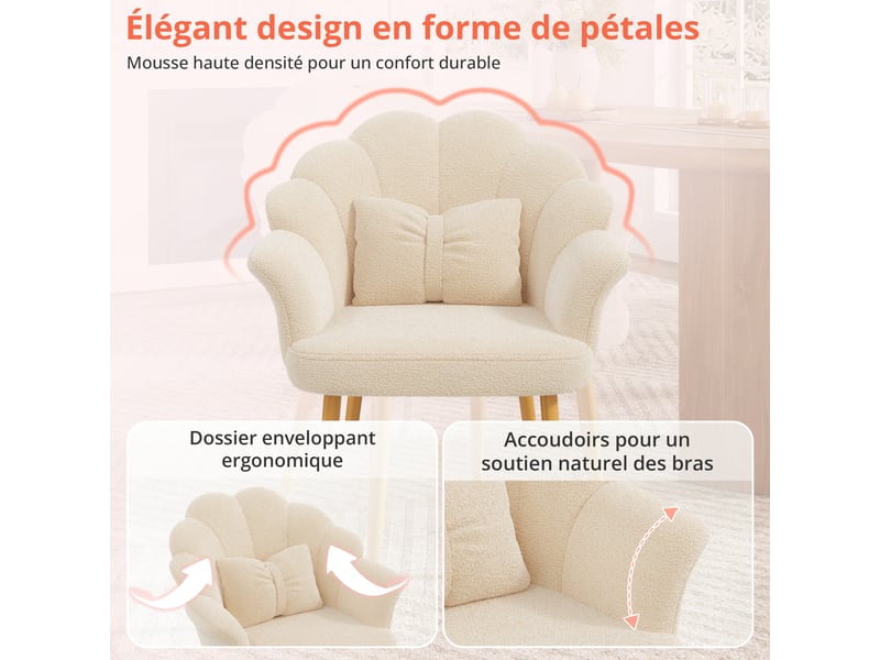 Lot de 6 fauteuils de salle à manger avec dossier pétale, accoudoirs, coussin nœud et pieds en métal doré, tissu bouclette teddy, beige evarich - Conforama D