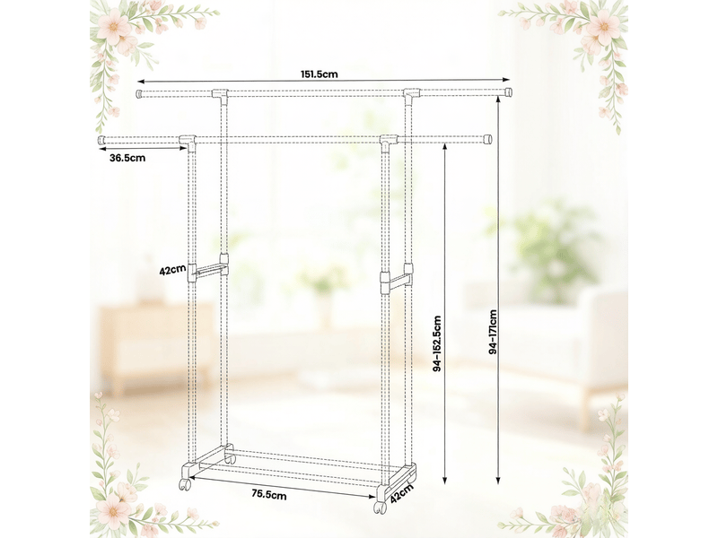 Portant à vêtements extensible sur roulettes, double barre, penderie ouverte - Conforama C