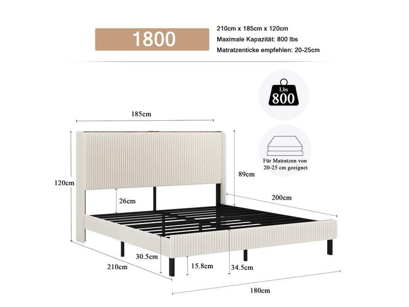  Cadre de lit 180x200 cm avec tête de lit rembourrée, design ailes, sommier métal silencieux  - Conforama C