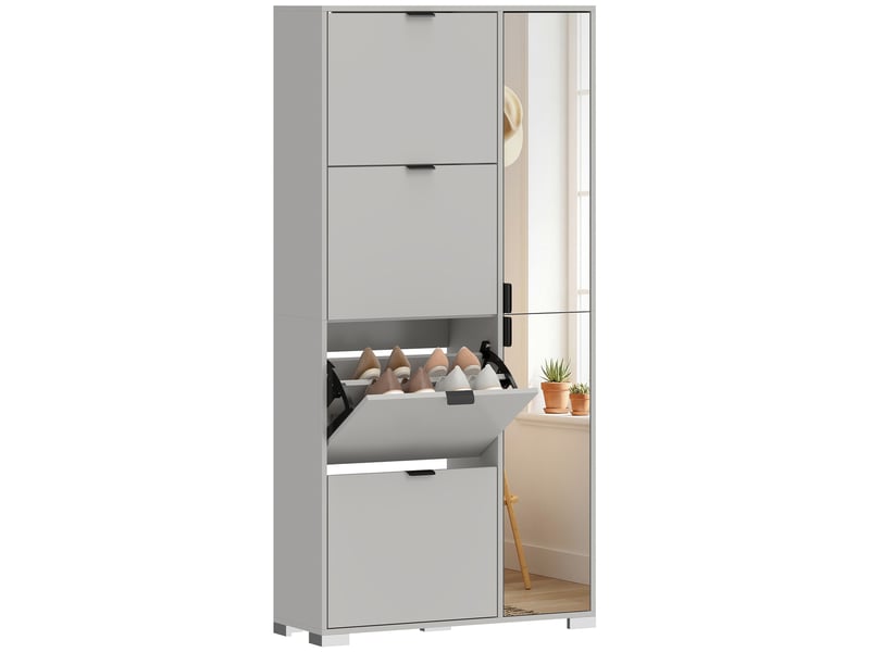  Meuble à chaussures avec miroir, 4 tiroirs à abattants, meuble à chaussures d'entrée, gris  - Conforama A